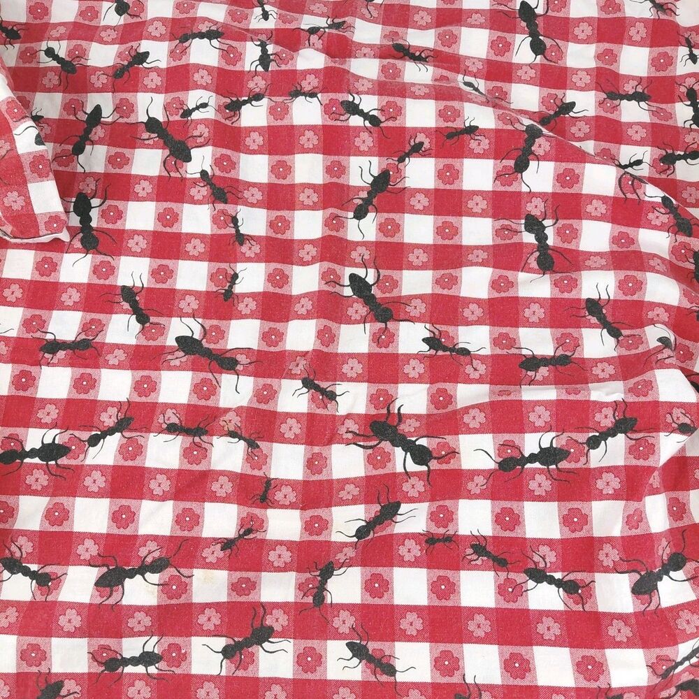 Vtg Red Gingham Picnic Tablecloth with Black Ants Summer